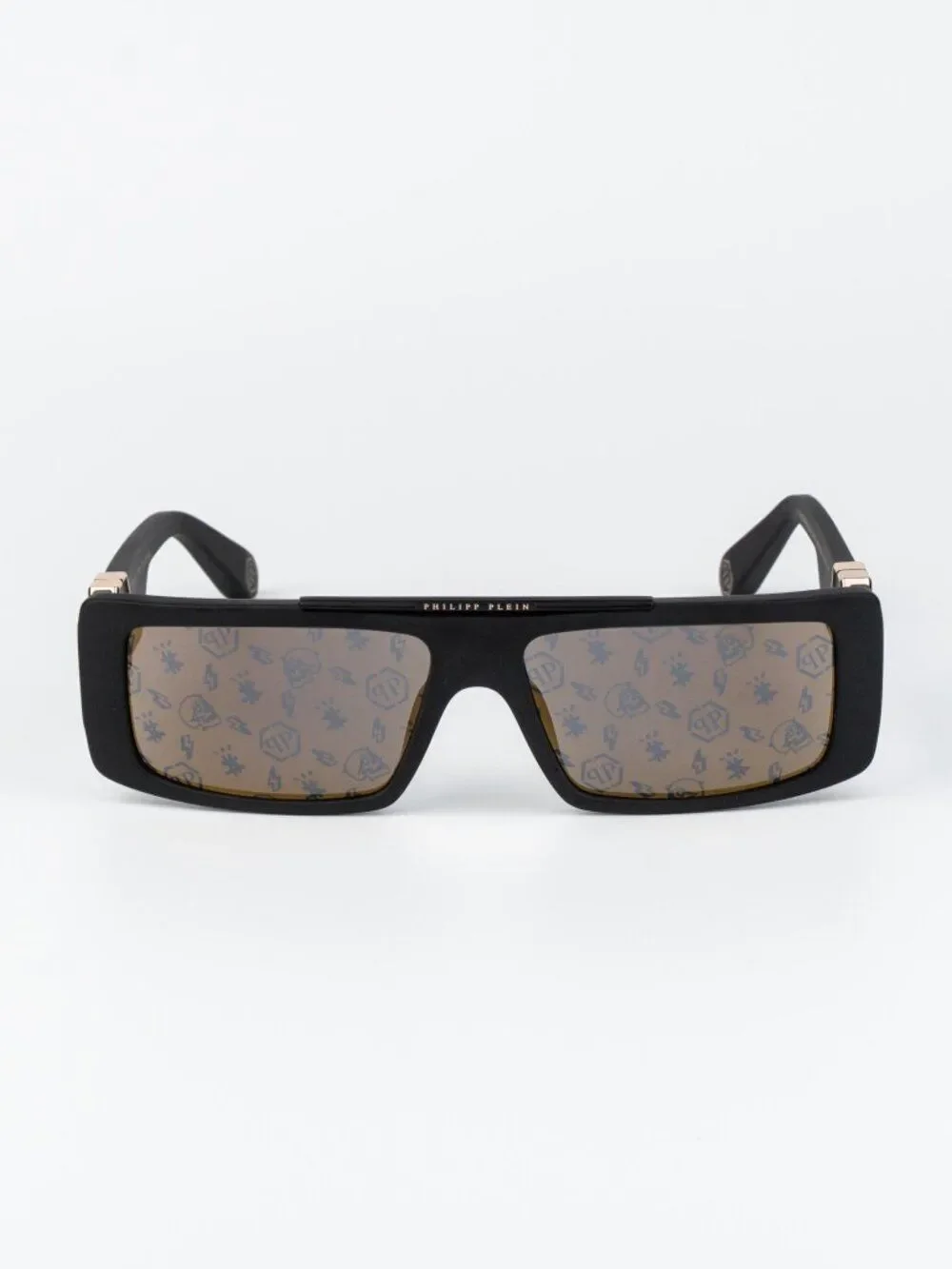 Philipp Plein Men Sunglasses Black Gold Mirror Pattern Rectangle SPP003M 703L